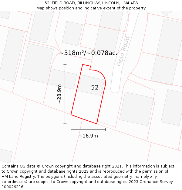 52, FIELD ROAD, BILLINGHAY, LINCOLN, LN4 4EA: Plot and title map