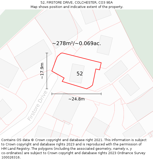 52, FIRSTORE DRIVE, COLCHESTER, CO3 9EA: Plot and title map