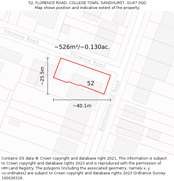 52, FLORENCE ROAD, COLLEGE TOWN, SANDHURST, GU47 0QD: Plot and title map