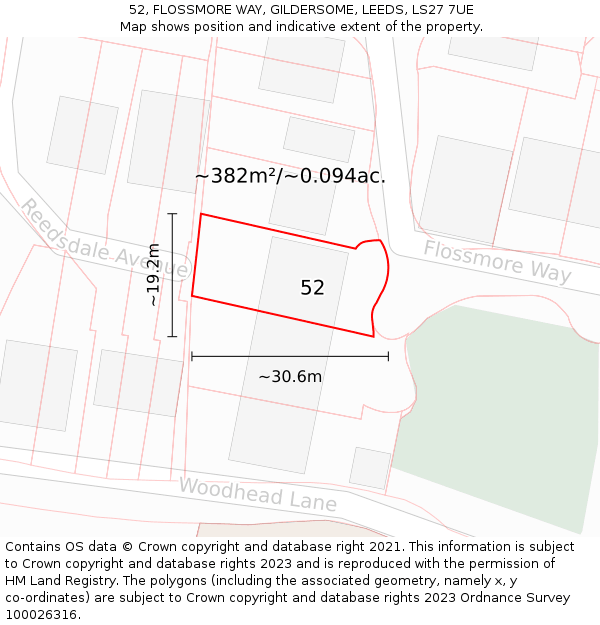52, FLOSSMORE WAY, GILDERSOME, LEEDS, LS27 7UE: Plot and title map