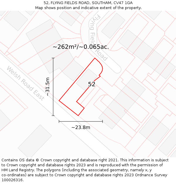 52, FLYING FIELDS ROAD, SOUTHAM, CV47 1GA: Plot and title map