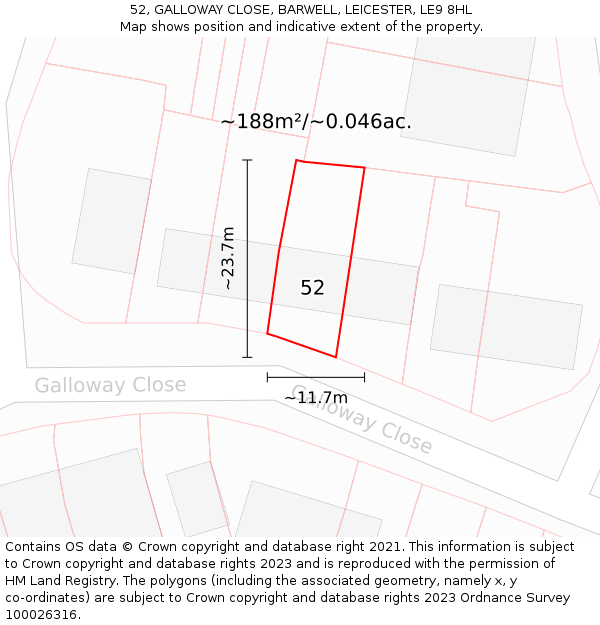 52, GALLOWAY CLOSE, BARWELL, LEICESTER, LE9 8HL: Plot and title map