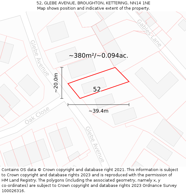 52, GLEBE AVENUE, BROUGHTON, KETTERING, NN14 1NE: Plot and title map