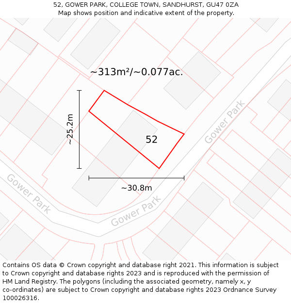 52, GOWER PARK, COLLEGE TOWN, SANDHURST, GU47 0ZA: Plot and title map