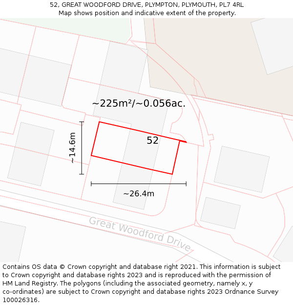 52, GREAT WOODFORD DRIVE, PLYMPTON, PLYMOUTH, PL7 4RL: Plot and title map