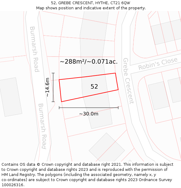 52, GREBE CRESCENT, HYTHE, CT21 6QW: Plot and title map