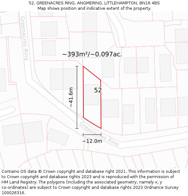 52, GREENACRES RING, ANGMERING, LITTLEHAMPTON, BN16 4BS: Plot and title map