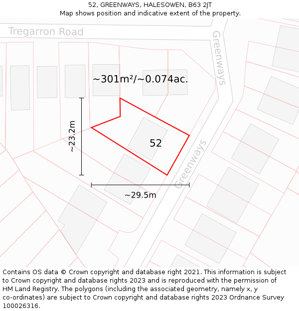 52, GREENWAYS, HALESOWEN, B63 2JT: Plot and title map