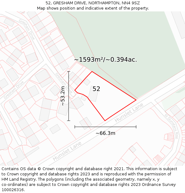 52, GRESHAM DRIVE, NORTHAMPTON, NN4 9SZ: Plot and title map