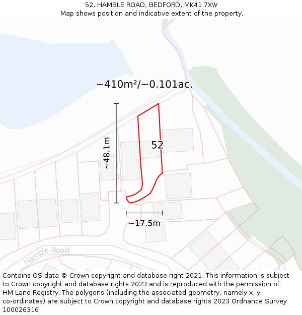 52, HAMBLE ROAD, BEDFORD, MK41 7XW: Plot and title map