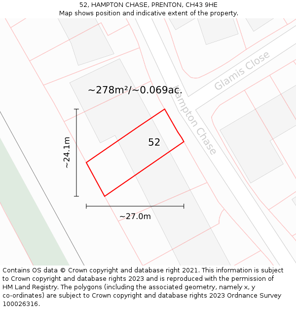 52, HAMPTON CHASE, PRENTON, CH43 9HE: Plot and title map