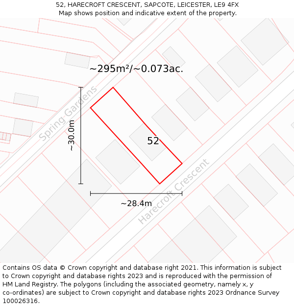 52, HARECROFT CRESCENT, SAPCOTE, LEICESTER, LE9 4FX: Plot and title map