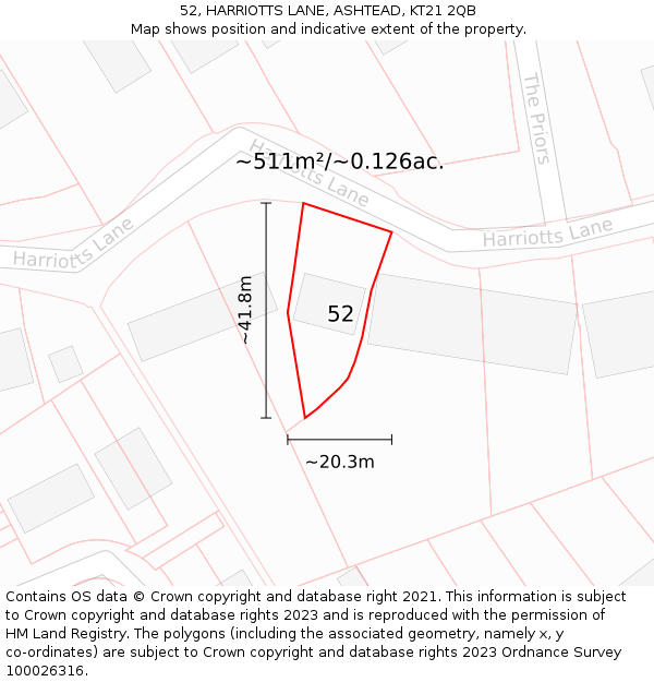 52, HARRIOTTS LANE, ASHTEAD, KT21 2QB: Plot and title map