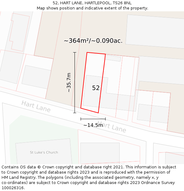 52, HART LANE, HARTLEPOOL, TS26 8NL: Plot and title map