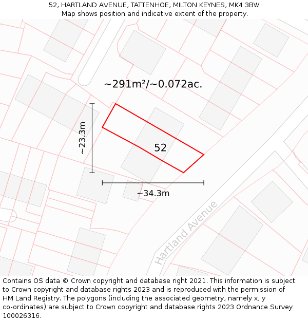 52, HARTLAND AVENUE, TATTENHOE, MILTON KEYNES, MK4 3BW: Plot and title map