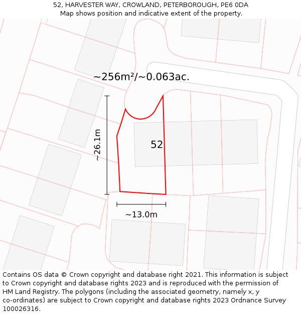 52, HARVESTER WAY, CROWLAND, PETERBOROUGH, PE6 0DA: Plot and title map