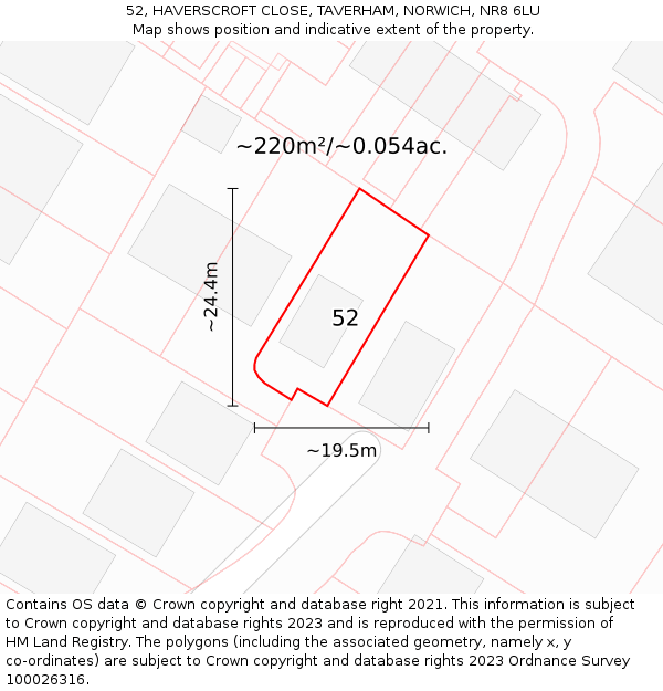 52, HAVERSCROFT CLOSE, TAVERHAM, NORWICH, NR8 6LU: Plot and title map