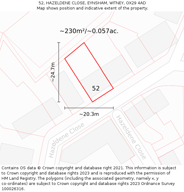 52, HAZELDENE CLOSE, EYNSHAM, WITNEY, OX29 4AD: Plot and title map