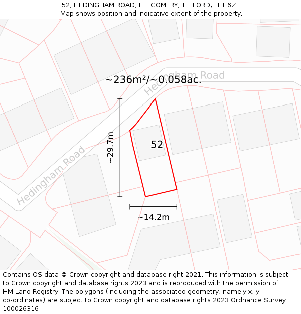 52, HEDINGHAM ROAD, LEEGOMERY, TELFORD, TF1 6ZT: Plot and title map