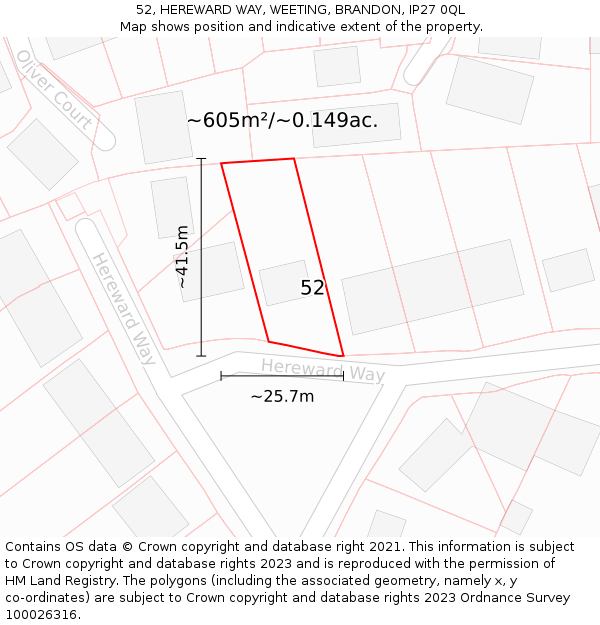 52, HEREWARD WAY, WEETING, BRANDON, IP27 0QL: Plot and title map