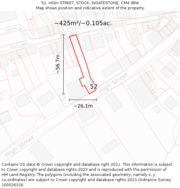52, HIGH STREET, STOCK, INGATESTONE, CM4 9BW: Plot and title map