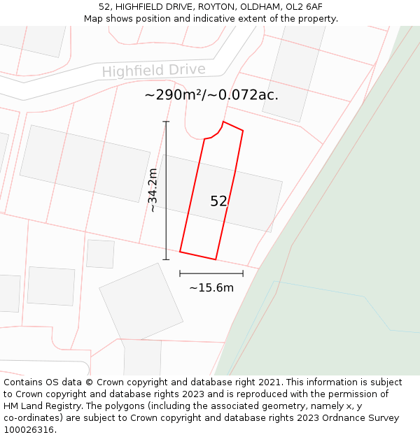 52, HIGHFIELD DRIVE, ROYTON, OLDHAM, OL2 6AF: Plot and title map
