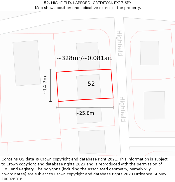 52, HIGHFIELD, LAPFORD, CREDITON, EX17 6PY: Plot and title map