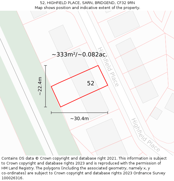 52, HIGHFIELD PLACE, SARN, BRIDGEND, CF32 9RN: Plot and title map