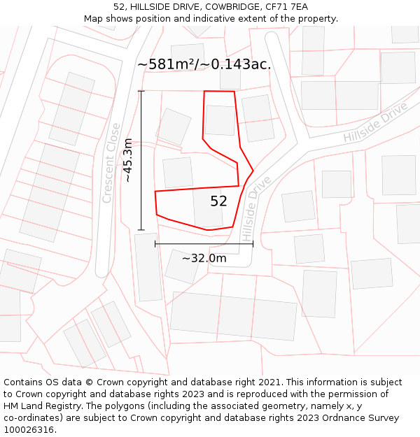 52, HILLSIDE DRIVE, COWBRIDGE, CF71 7EA: Plot and title map