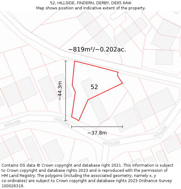 52, HILLSIDE, FINDERN, DERBY, DE65 6AW: Plot and title map