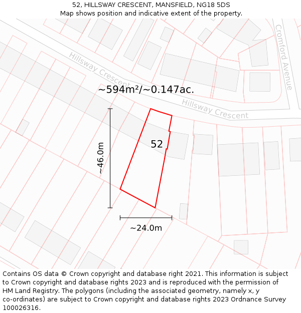 52, HILLSWAY CRESCENT, MANSFIELD, NG18 5DS: Plot and title map