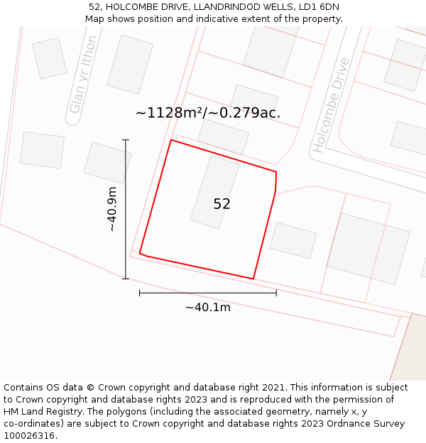 52, HOLCOMBE DRIVE, LLANDRINDOD WELLS, LD1 6DN: Plot and title map