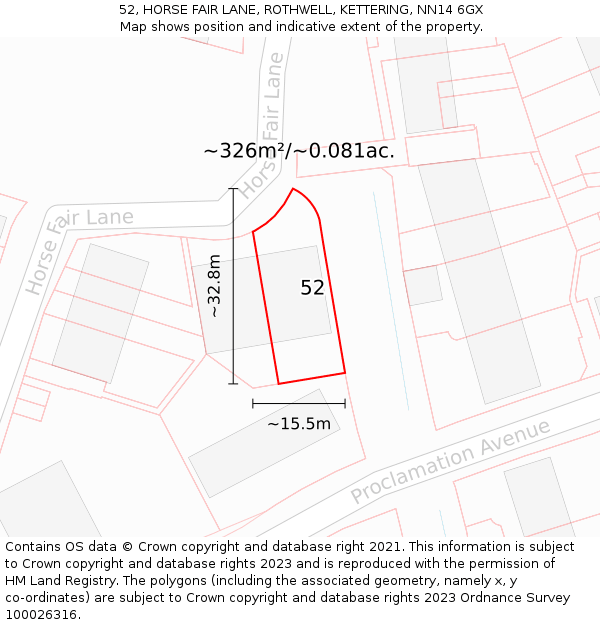 52, HORSE FAIR LANE, ROTHWELL, KETTERING, NN14 6GX: Plot and title map