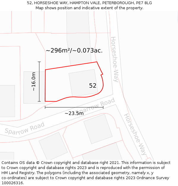 52, HORSESHOE WAY, HAMPTON VALE, PETERBOROUGH, PE7 8LG: Plot and title map