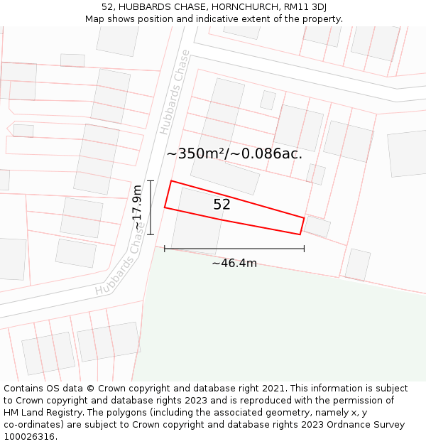 52, HUBBARDS CHASE, HORNCHURCH, RM11 3DJ: Plot and title map