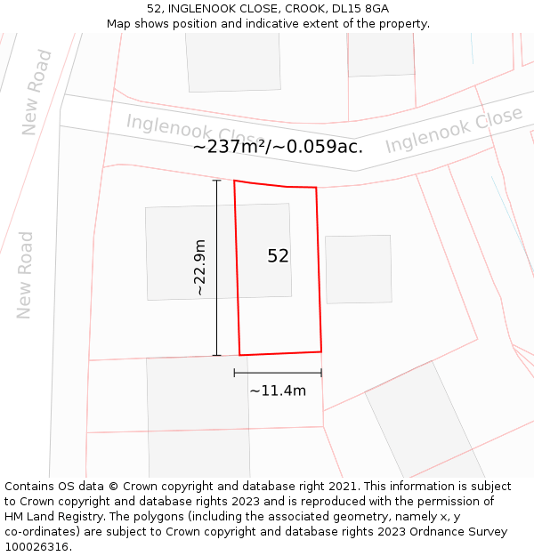 52, INGLENOOK CLOSE, CROOK, DL15 8GA: Plot and title map
