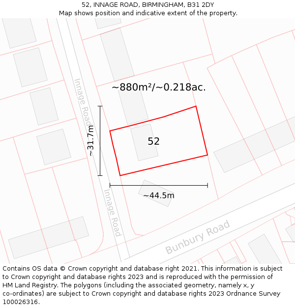 52, INNAGE ROAD, BIRMINGHAM, B31 2DY: Plot and title map