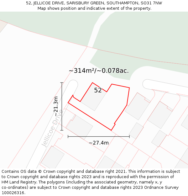 52, JELLICOE DRIVE, SARISBURY GREEN, SOUTHAMPTON, SO31 7NW: Plot and title map