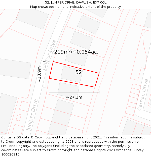 52, JUNIPER DRIVE, DAWLISH, EX7 0GL: Plot and title map