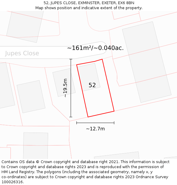 52, JUPES CLOSE, EXMINSTER, EXETER, EX6 8BN: Plot and title map