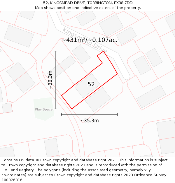 52, KINGSMEAD DRIVE, TORRINGTON, EX38 7DD: Plot and title map