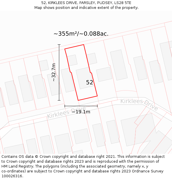 52, KIRKLEES DRIVE, FARSLEY, PUDSEY, LS28 5TE: Plot and title map