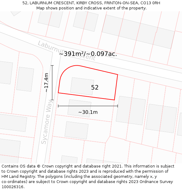 52, LABURNUM CRESCENT, KIRBY CROSS, FRINTON-ON-SEA, CO13 0RH: Plot and title map