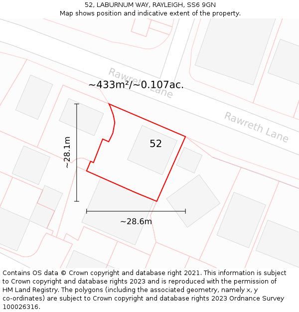 52, LABURNUM WAY, RAYLEIGH, SS6 9GN: Plot and title map