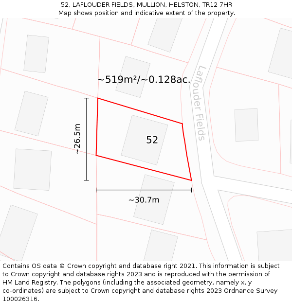 52, LAFLOUDER FIELDS, MULLION, HELSTON, TR12 7HR: Plot and title map