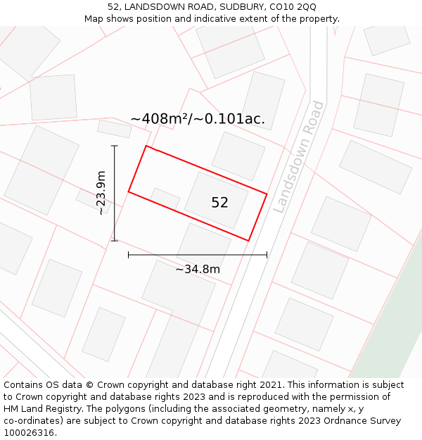 52, LANDSDOWN ROAD, SUDBURY, CO10 2QQ: Plot and title map