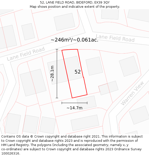 52, LANE FIELD ROAD, BIDEFORD, EX39 3QY: Plot and title map
