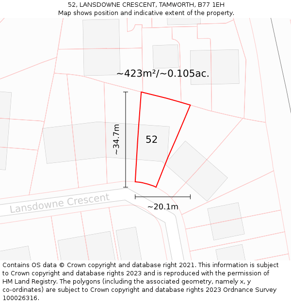 52, LANSDOWNE CRESCENT, TAMWORTH, B77 1EH: Plot and title map