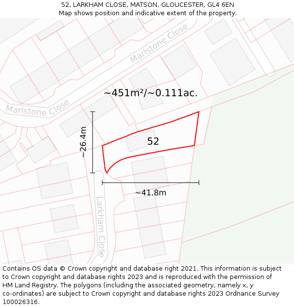 52, LARKHAM CLOSE, MATSON, GLOUCESTER, GL4 6EN: Plot and title map
