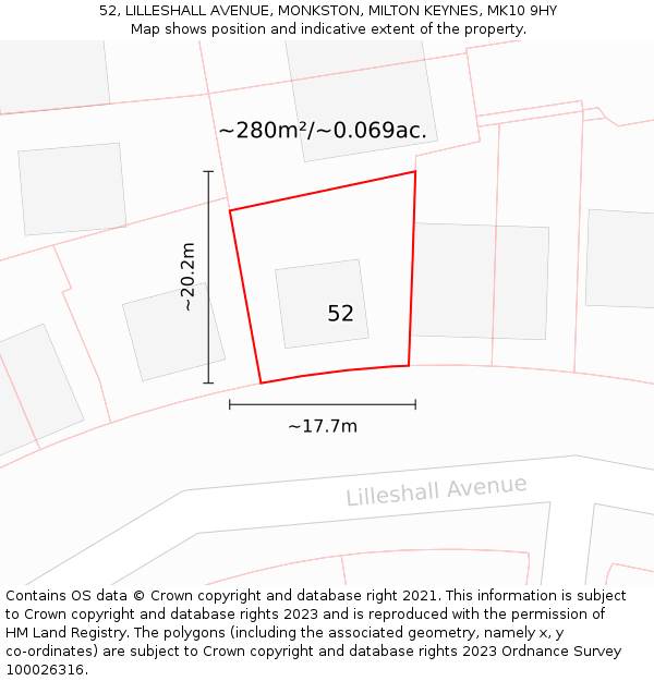 52, LILLESHALL AVENUE, MONKSTON, MILTON KEYNES, MK10 9HY: Plot and title map